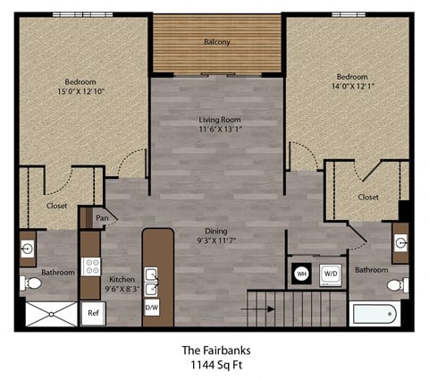 Floor plan for 2 beds, 2 baths, 1144 sqft